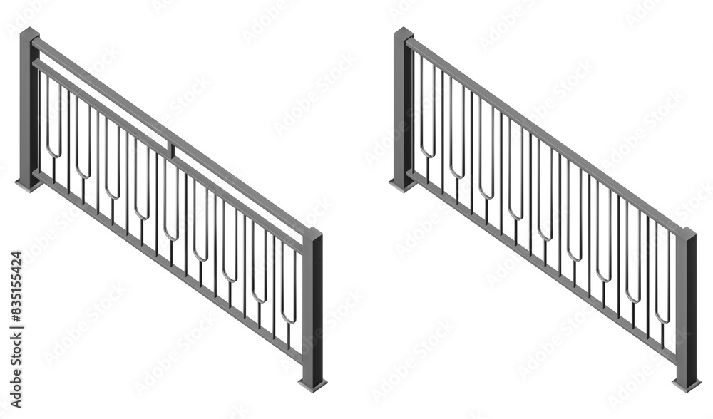 Poster 3d render showcases a captivating art deco balustrade with handrail in an isometric view (transparen