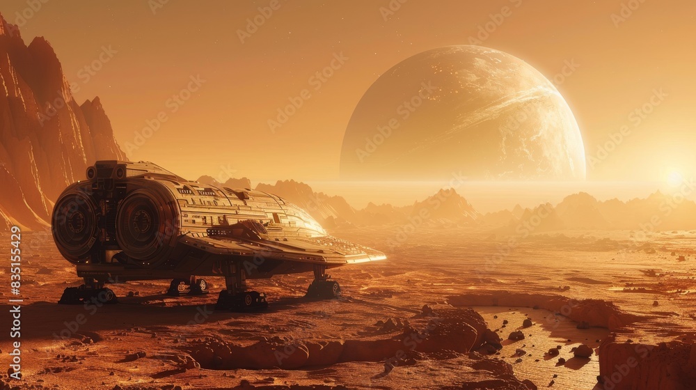 Wall mural a space ship is sitting on a desert planet