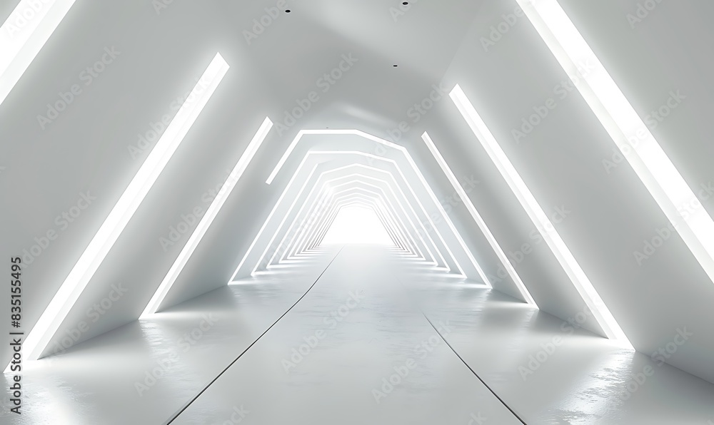 Poster empty long light corridor. modern white background. futuristic sci-fi triangle tunnel. 3d rendering