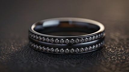 Detailed shot of a black gold wedding band with diamonds, emphasizing the elegant craftsmanship and shine, isolated background