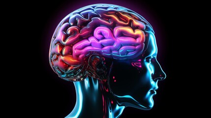 Futuristic Intelligence Concept with Glowing Holographic Brain on Half a Head in Neon Colors - Sci-Fi Digital Painting with High Contrast