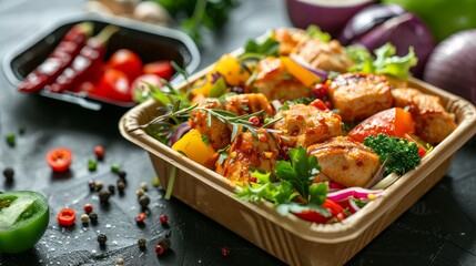 Detailed image of a disposable lunch box with organic takeaway food, focusing on environmentally friendly packaging materials