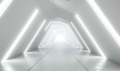 Obraz premium Empty Long Light Corridor. Modern white background. Futuristic Sci-Fi Triangle Tunnel. 3D Rendering 