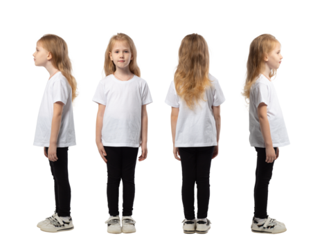 Set of snapshot emotion little girl model with long light hair posing isolated empty white background, four views. Child girl shooting in studio.