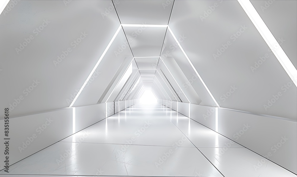 Poster empty long light corridor. modern white background. futuristic sci-fi triangle tunnel. 3d rendering