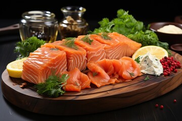 A piece of smoked salmon on a wooden board and on a black background.