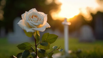 Elegant White Rose on Catholic Grave