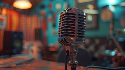 Vintage mic on a desk with colorful backdrop Room for text