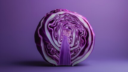 Fototapeta premium Artistic purple cabbage half resembling a dress on a purple background, blending nature with creativity.