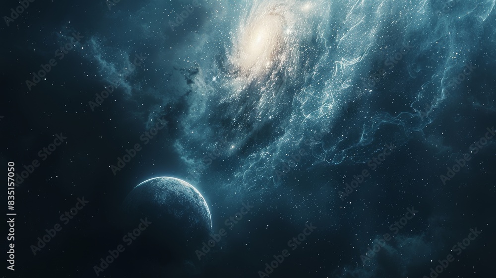 Wall mural a blue and white space with a large planet in the middle