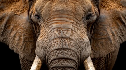 Close-up of a majestic elephant's face with detailed skin texture and powerful tusks, showcasing the beauty of wildlife in nature.
