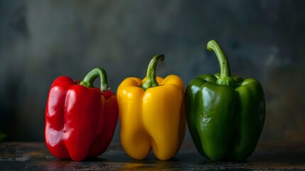 Colorful red, yellow, and green bell peppers on a dark rustic background. Perfect for healthy eating and vegetable themes.
