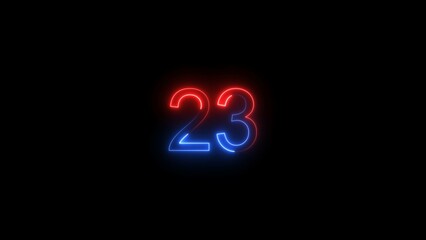 Fototapeta premium Countdown twenty three number, cyan, purple, neon light illustration. Black background UHD 4k illustration.