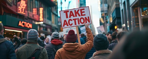 Fototapeta premium Activist holding Take Action sign in crowded city street during social justice protest advocating for change