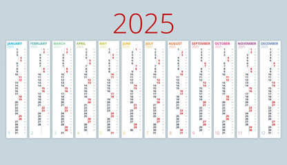 Calendar vertical, planner, date, calender, planner for 2025. Vector Stationery Design Print 2025 Template with Place for Photo, Your Logo and Text. calendar design 2025