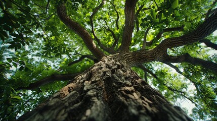 Fototapeta premium Majestic tree photographed from below with a focus on its rough bark and sprawling green branches, highlighting the beauty of nature and growth.