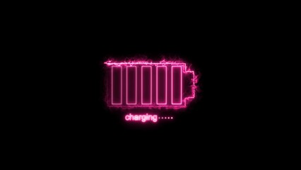 Abstract neon battery charging icon magenta red color illustration. Black background 4k illustration.