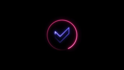 Check mark icon neon light blue color line illustration. Black background magenta red circle UHD 4k illustration.