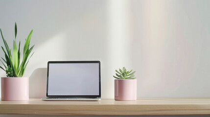 Laptop on simple pastel color pot on wooden shelf