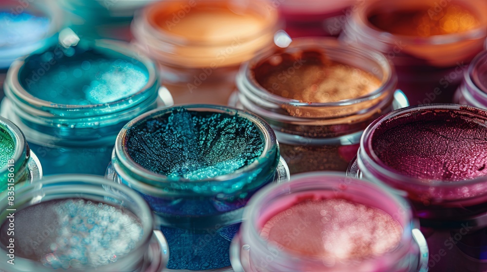 Poster A close-up view of colorful makeup pigments and powders in small jars. Generative AI