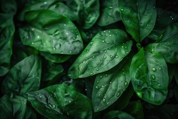 Close-up of lush green leaves with water droplets, depicting freshness and tranquility in a natural setting.