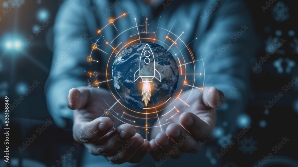 Poster a businessman holding a globe with rocket icon and up arrow on a virtual screen for a fast-starting 