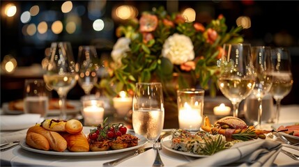 Naklejka premium 88. Elegant table setting with gourmet appetizers, sophisticated ambiance, and candlelit dining experience