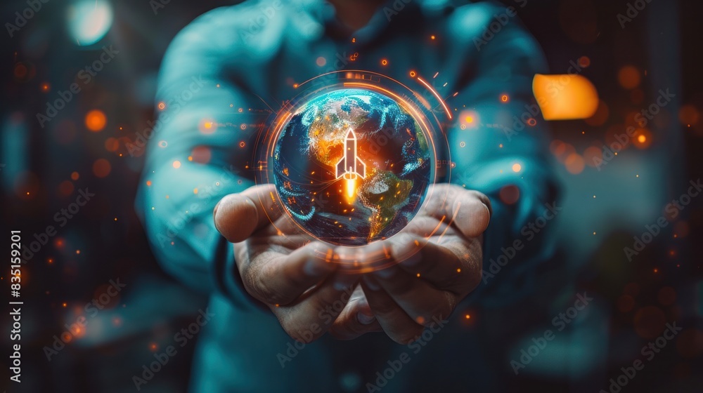 Poster a businessman holding a globe with rocket icon and up arrow on a virtual screen for a fast-starting 