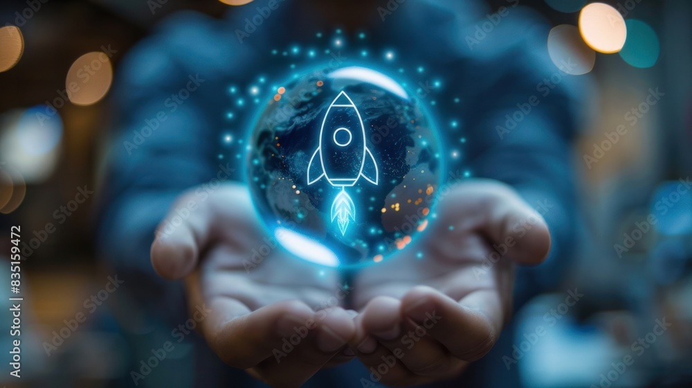 Poster a businessman holding a globe with rocket icon and up arrow on a virtual screen for a fast-starting 