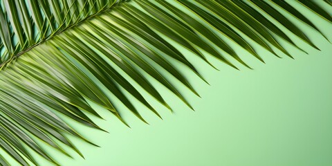 Obraz premium Palm leaves in aerial shot against soft green background with copy space. Concept Palm Leaves, Aerial Shot, Soft Green Background, Copy Space