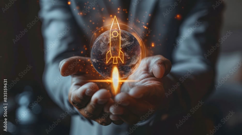 Poster a businessman holding a globe with rocket icon and up arrow on a virtual screen for a fast-starting 