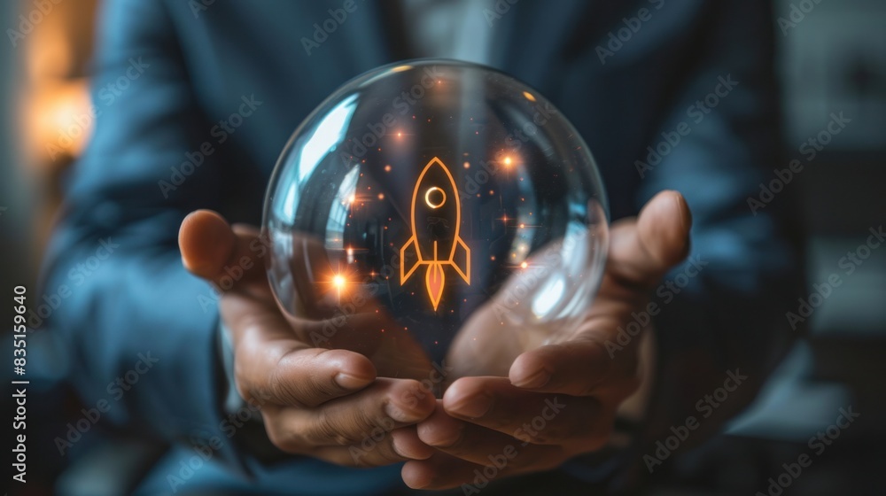 Poster a businessman holding a globe with rocket icon and up arrow on a virtual screen for a fast-starting 
