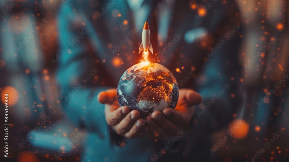 Poster a businessman holding a globe with rocket icon and up arrow on a virtual screen for a fast-starting 