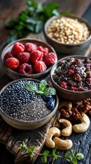 Healthy breakfast ingredients: chia seeds, raspberries, nuts, granola.