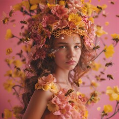 Beautiful girl wearing a dress made from real flowers, on the head she has real honeycomb,  bees flying around, background in pink color, lemon yellow flowers. Concept portrait of Girl with Bees. 
