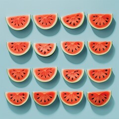  2D studio photo of a slice of watermelon slices. It is arranged in rows and columns geometrically precisely placed on a blue background. Pattern. Square. Wallpaper. Summer. Minimalistic concept. 