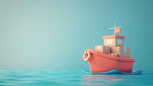 A charming cartoon cargo ship with boxes onboard floating on calm blue water, ideal for maritime or logistics themed designs. 3D Illustration.