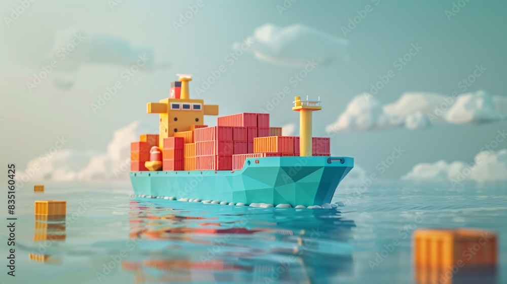 Poster a colorful cargo ship with stacked containers sailing on a calm ocean with a clear sky and fluffy cl