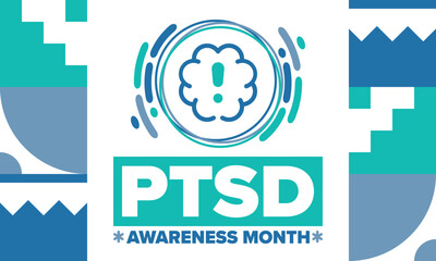 PTSD Awareness Month in June. Post Traumatic Stress Disorder. Celebrated annual in United States. Medical health care and awareness design. Poster, card, banner and background. Vector illustration