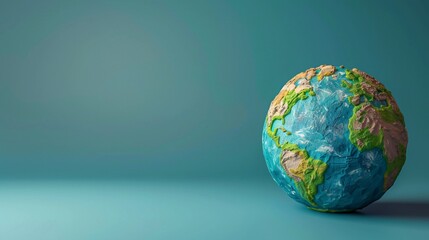 A detailed and colorful miniature globe on a teal background, showcasing continents and oceanic features, emphasizing global themes. 3D Illustration.