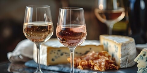 Naklejka premium Wine Glasses Closeup with Decadent Cheeses in the Background. Concept Food Photography, Wine Tasting, Gourmet Pairings, Culinary Delights