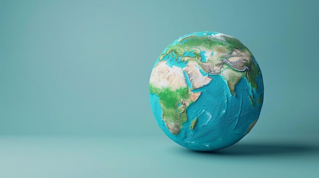 A detailed 3D rendering of planet Earth, focusing on the continents and oceans against a pastel blue background. 3D Illustration.
