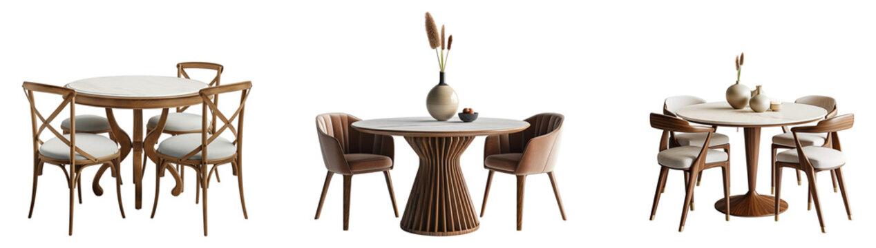 Collection of wooden round dining tables with chairs isolated on transparent or white background