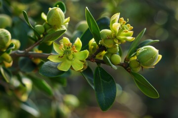 Fototapeta premium Jojoba plant with green flowers and buds. Close-up botanical photography for design and print. Generative AI
