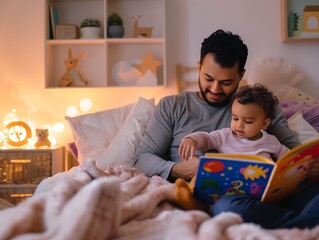 Father and Toddler Reading a Colorful Storybook in a Warmly Lit Bedroom