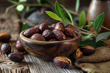JJojoba seeds in wooden bowl with leaves on rustic wooden surface. Still life photography for design and print. Ayurvedic herbs, Ayurveda, Generative AI