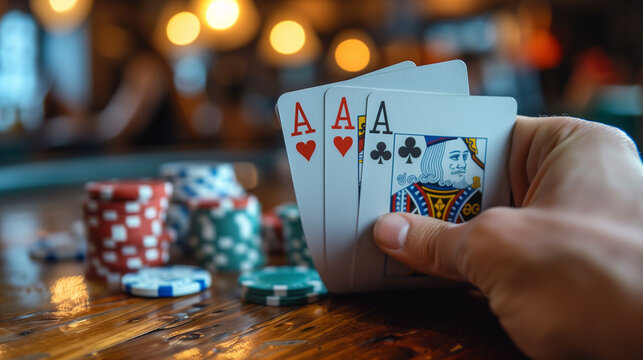 Poker cards Straight Flush hearts hand. Man playing poker in casino. Close up of male hands with cards and chips. Close up of blackjack in casino. Set of vector playing card. Colection of four aces.
