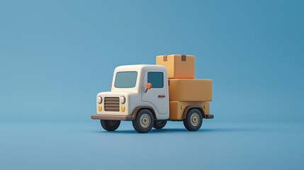 Obraz premium A minimalist toy delivery truck carrying cardboard boxes on a blue background, representing logistics and transportation. 3D Illustration.