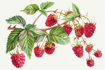 Illustration of a raspberry branch with multiple ripe red berries and green leaves on a white background. Botanical watercolor painting style. Generative AI