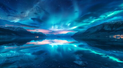 Aurora Australis reflecting on the calm waters of a fjord, with mountains in the background and stars in the sky.